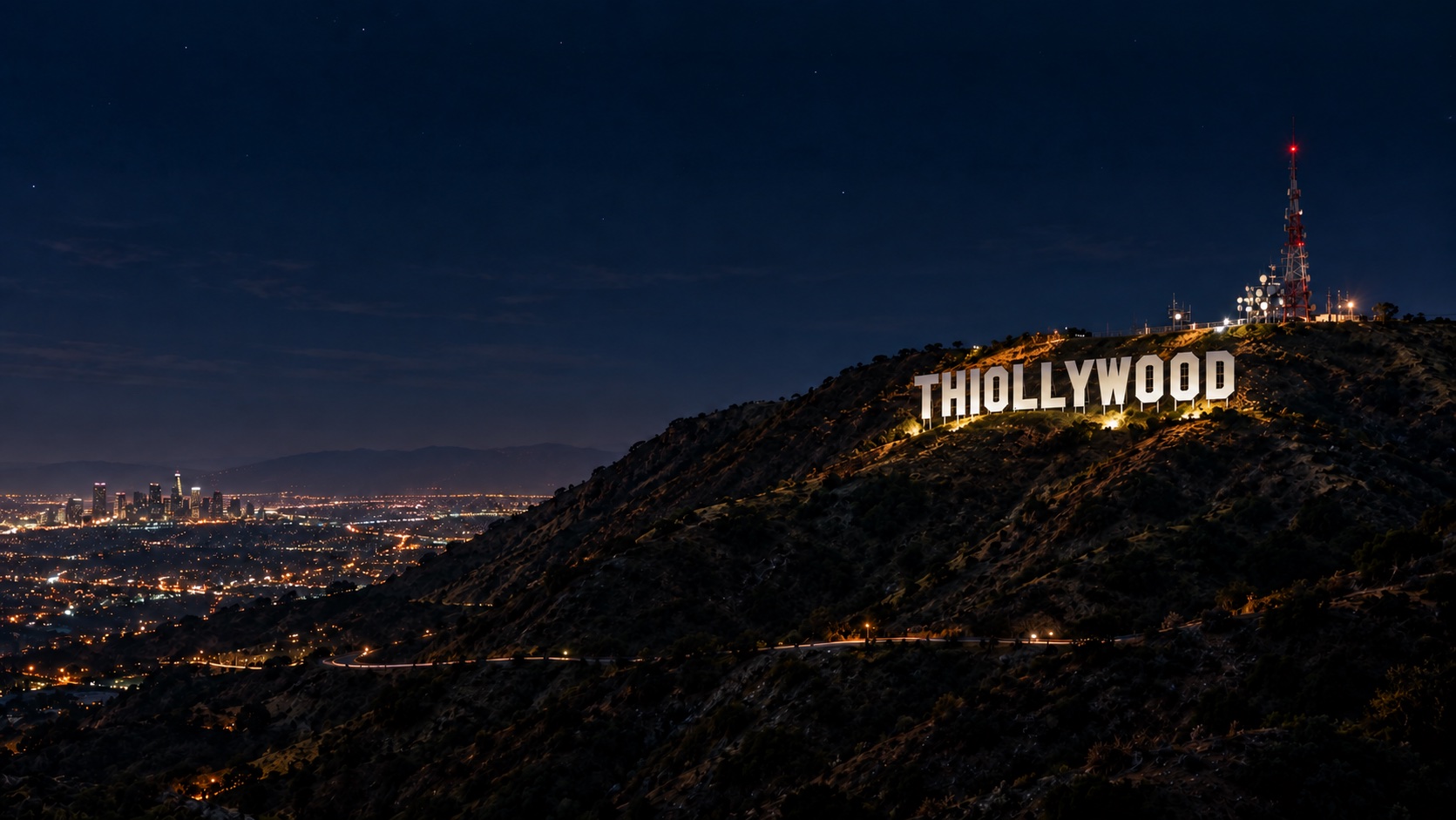 The Thiollywood sign lit up at night above the city.